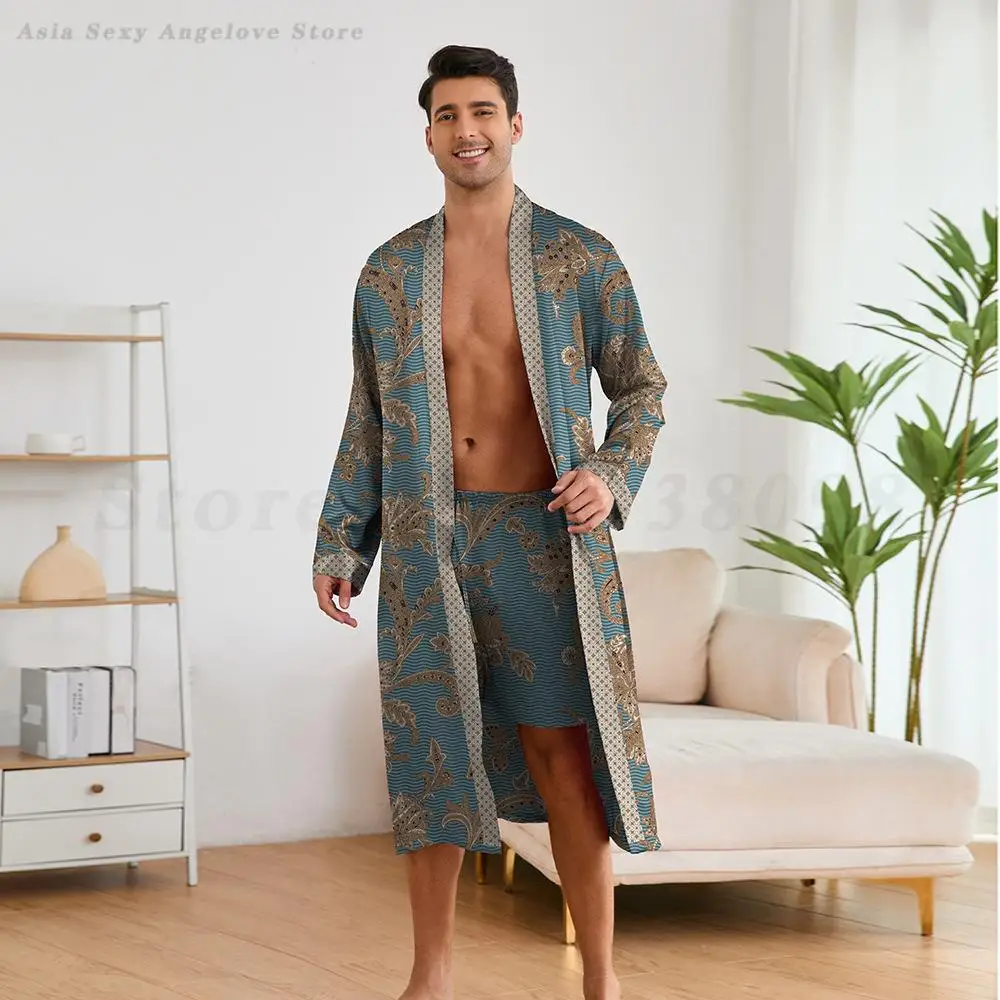 Print Flower Men\'s Sleepwear Long Sleeved Robe Shorts Pijamas Set Loose Casual Bathrobe Kimono 2025 Spring Summer 2PCS Pyjamas