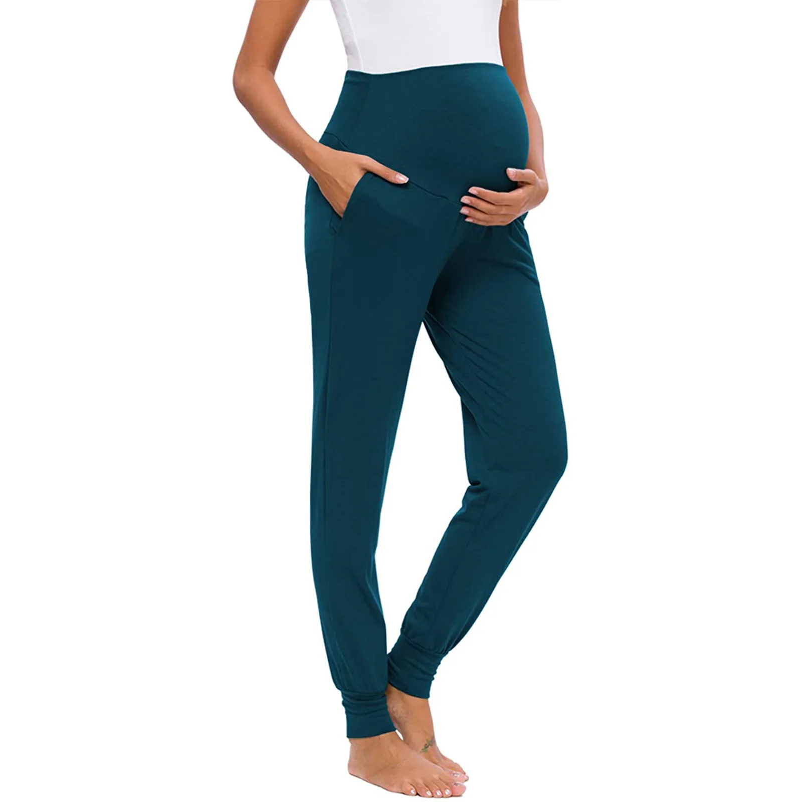 Pantalones elásticos de cintura alta para mujer embarazada, Leggings de Yoga, ropa de maternidad con bolsillos, Color sólido