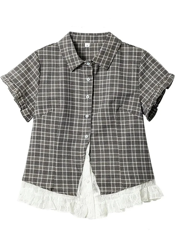 Lace Patchwork Plaid Shirt Women Summer Sweet Short Sleeve Vintage Blouse Slim Sweet Retro Japan Kawaii Female Cute Casual Tops image 3