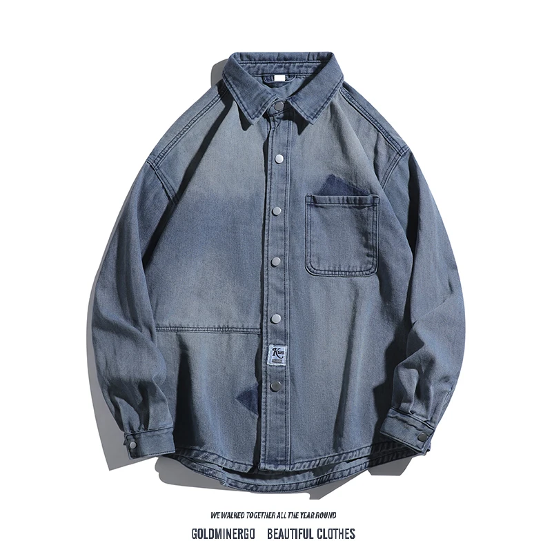 

American Retro Sle Men's Casual Loose Workwear irt Jaet Denim Patchwork Collarl Long Sve Faionable Autumn Top