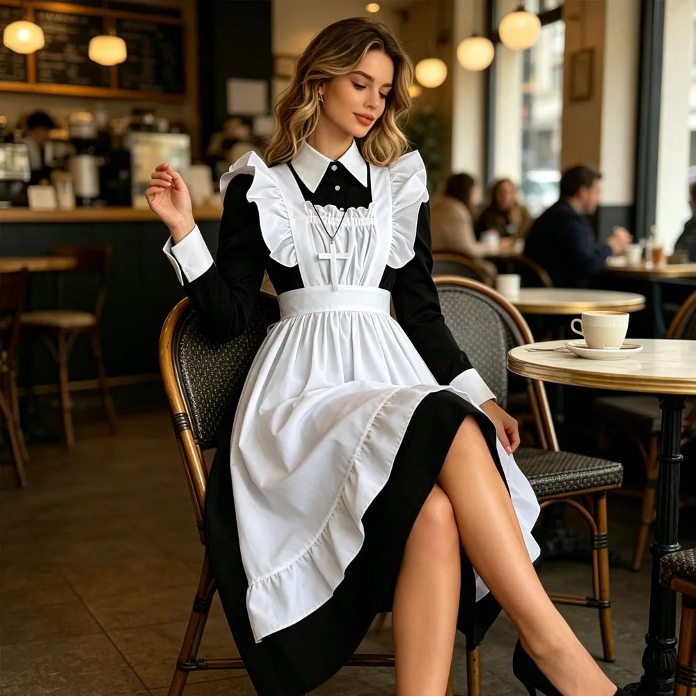 Classic Long Maid Costume Black Long Sleeve Collared Shirt White Ruffle Apron Dress Frilled Headband Kawai Anime Cosplay Outfit