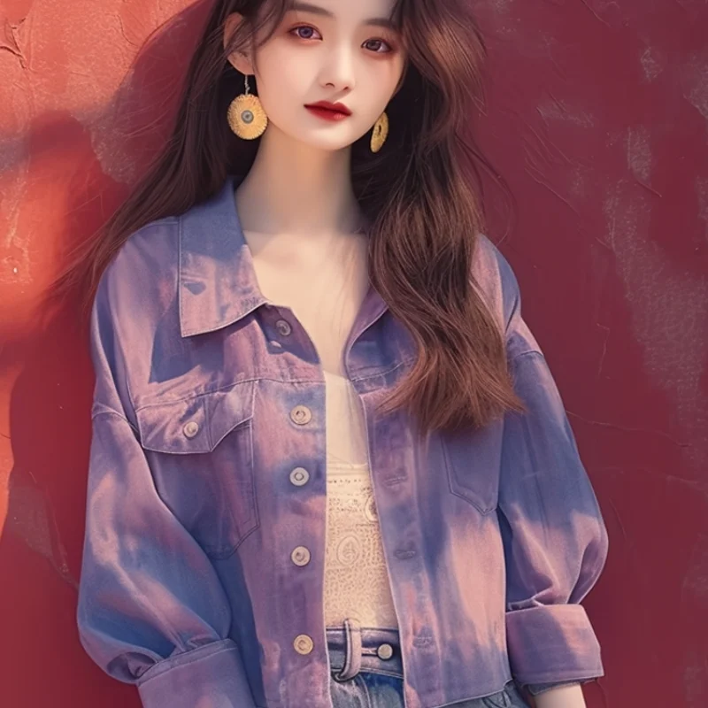 Unikalny, wczesnojesienny, fioletowy płaszcz dżinsowy damski o luźnym kroju, w stylu koreańskim, swobodny, modny wiatrówka, stylowa odzież wierzchnia.