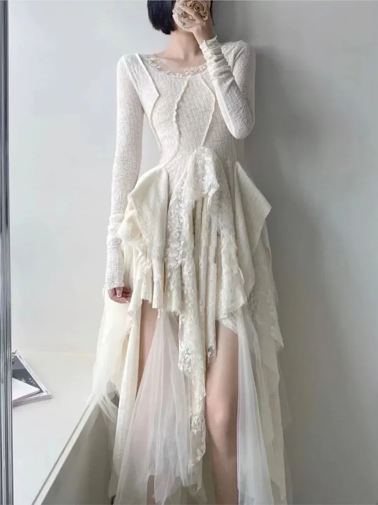 French Elegant Women\'s Vintage Dress 2022 Autumn Winter New Irregular Lace Splicing Evening Long Bridesmaid Party Dress