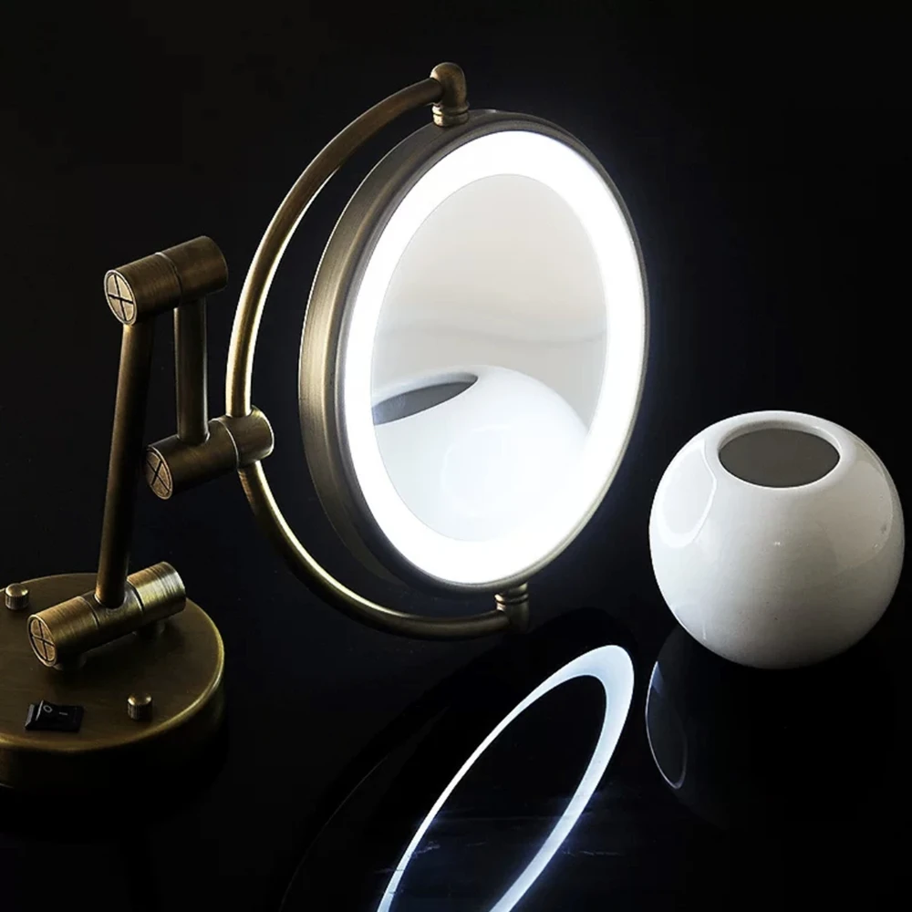 Imagem -02 - Espelho de Maquiagem Telescópico Dobrável Ampliação Dupla Redonda Led Light Mirror Espelho Cosmético Ouro de Zircônio Bronze Antigo Banheiro