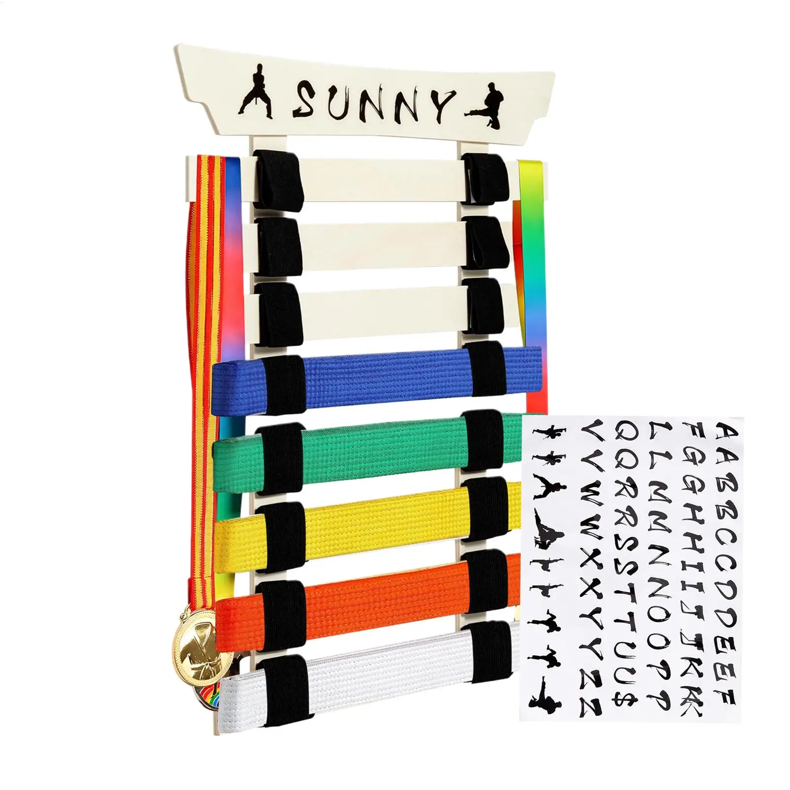 Martial Arts Belt Display Karate Belt Hanger Display with Stickers Sports Equipment Storage Organizer Rack for Kids Teens Women