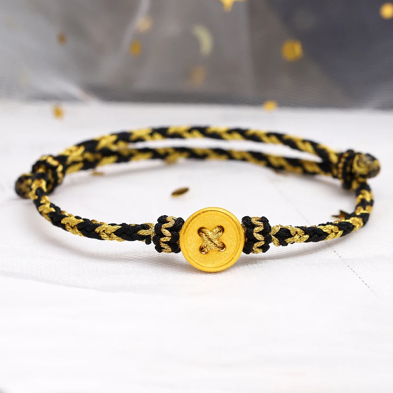 1pcs Pure 24K Yellow Gold Bracelet For Women 3D Lucky Button Black Yellow String Bracelet Gift