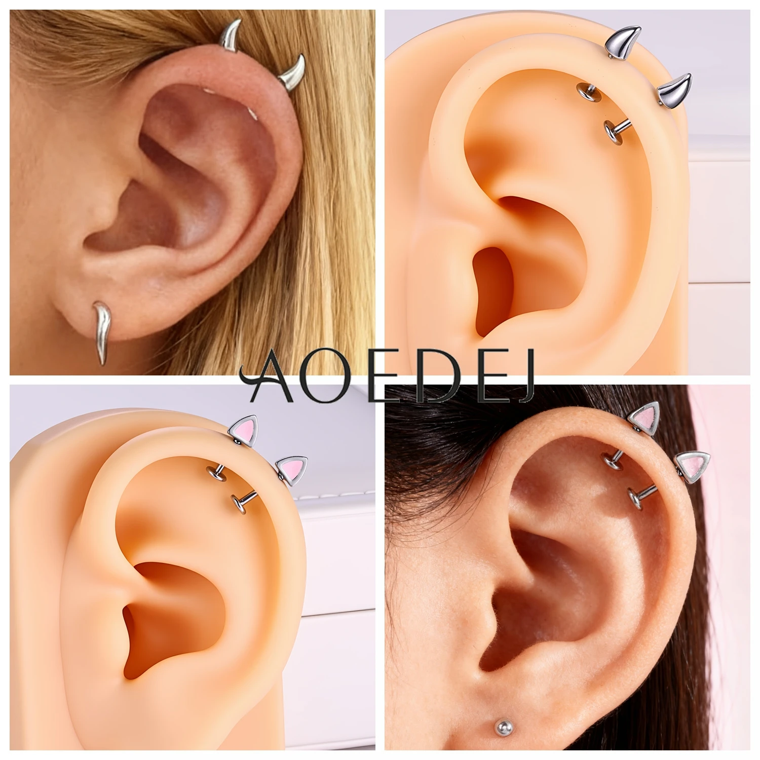 AOEDEJ 1-2pcs/lot 16G Pink Sipke Stainless Steel Stud Earrings Women Girls Labret Lip Studs Devil Cat Ear Conch Helix Piercings