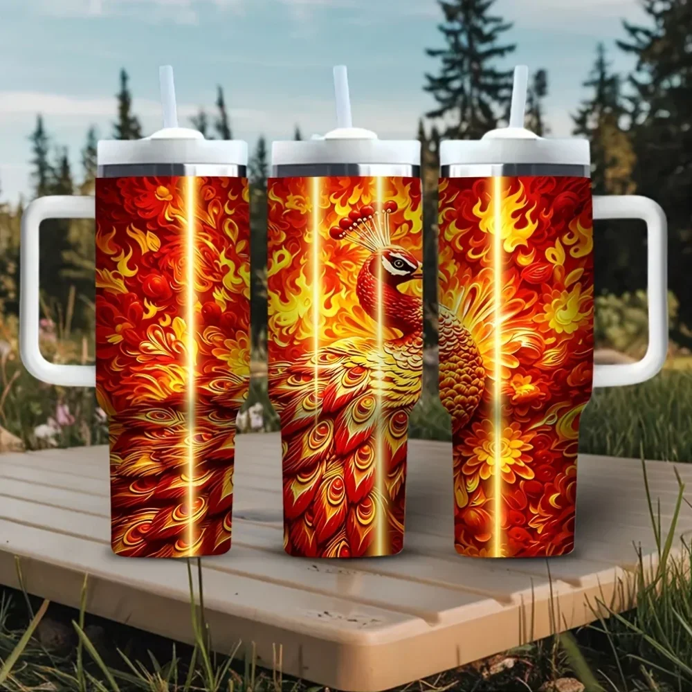 40Oz Flaming Fire Phoenix Pattern Printed Tumbler with Handle, Suitable for Both Cold And Hot Drinks, Ideal for Outdoor Travel Camping Hiking Daily Commute And Leisure Activities