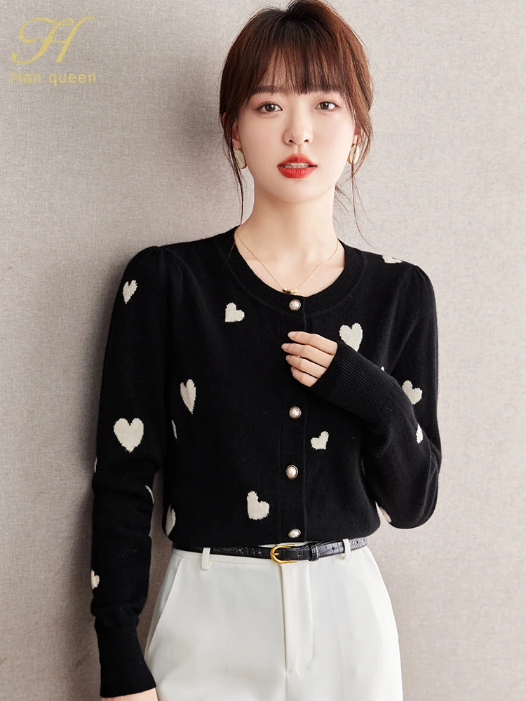 H Han Queen Fashion Women Sweaters 2024 Korean Chic O-Neck Crop knit Cardigan Casual Basic Long Sleeve Vintage Knitwears Tops