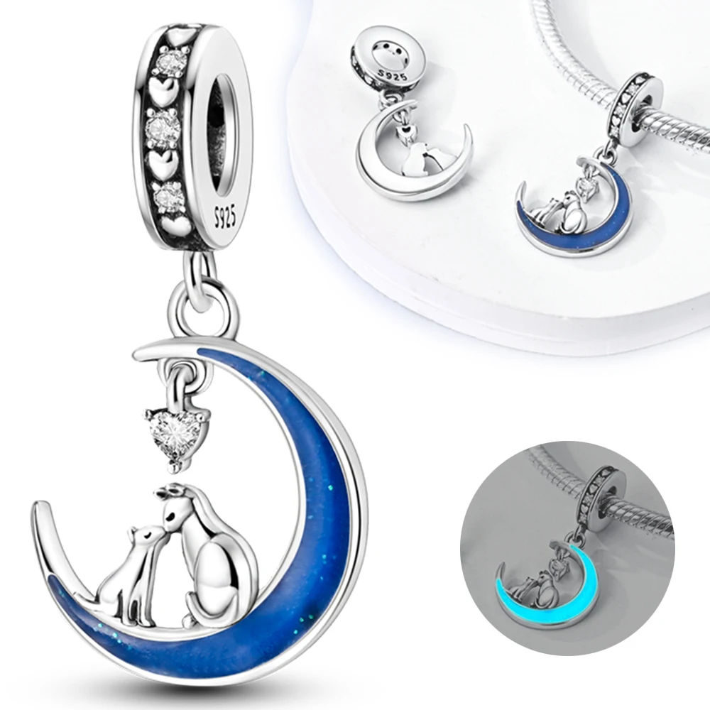 

Подвески из серебра 925, мечтательные светящиеся подвески с голубой луной и кошкой, подходят для подвесок Plata 925, оригинальный браслет, бусины, женские ювелирные изделия, изготовление своими руками