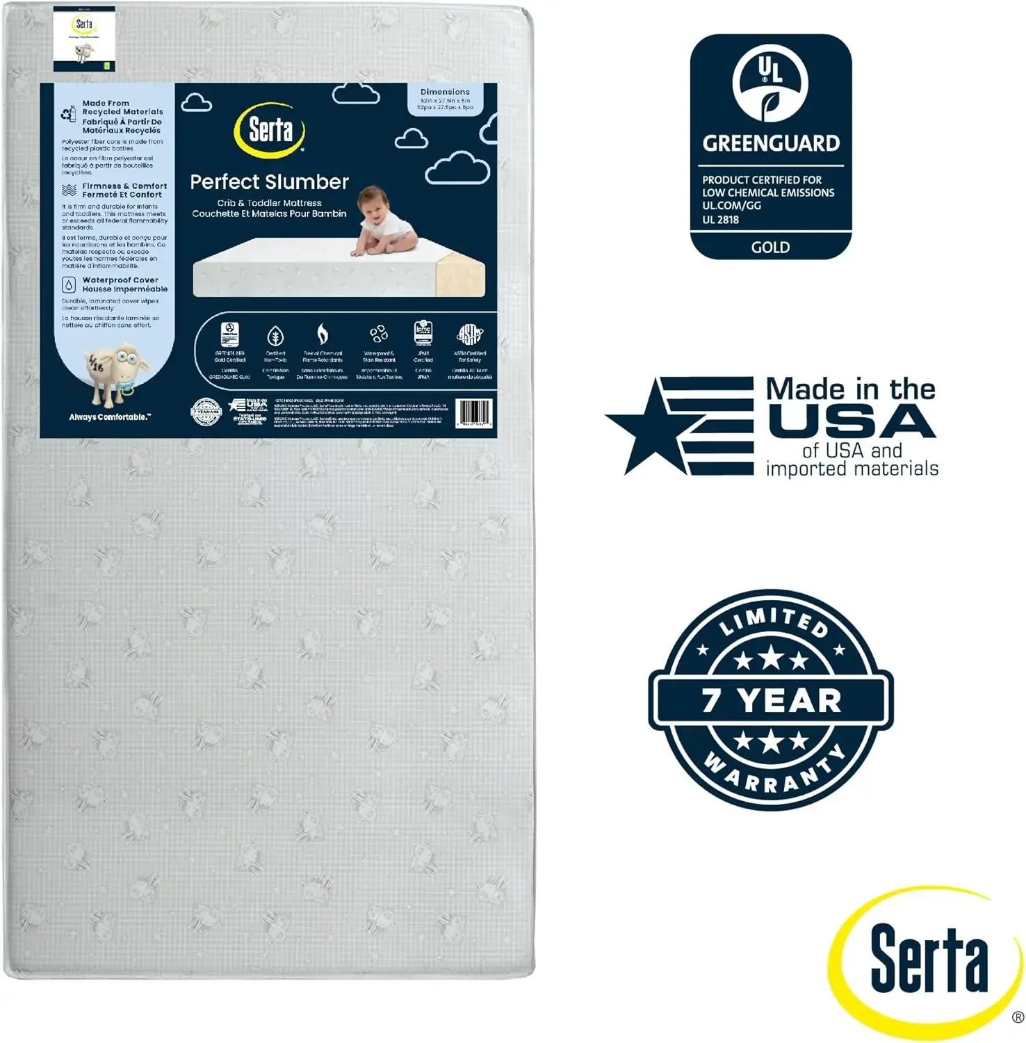 Perfect Slumber Dual Sided Crib and Toddler Mattress - Waterproof - Hypoallergenic - Premium Sustainably Sourced Fiber Cor