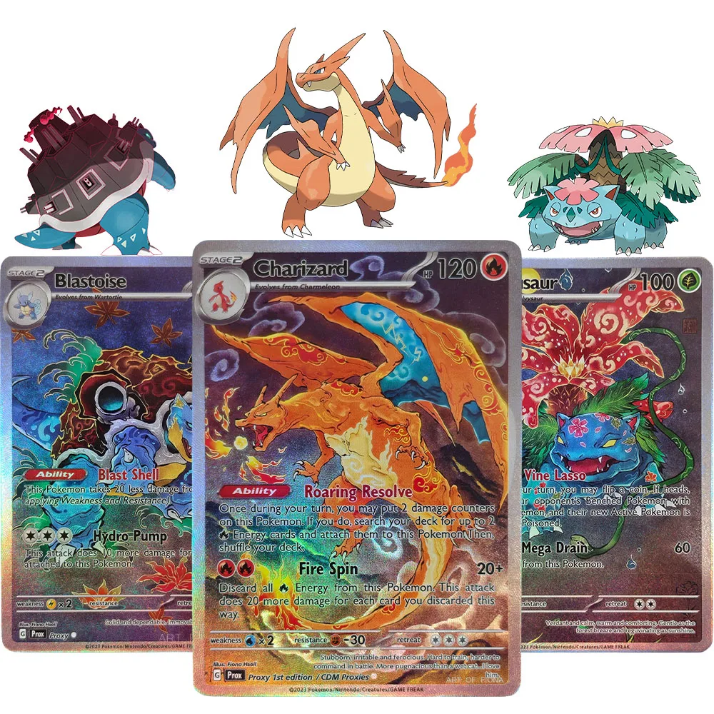 Selbstgemachtes Spielkarten-Spielzeug im Englisch-Chinesischen Stil mit Charizard, Blastoise und Venusaur, Vollständige Kunstausführung, Selbstgemachte Spielesammlung