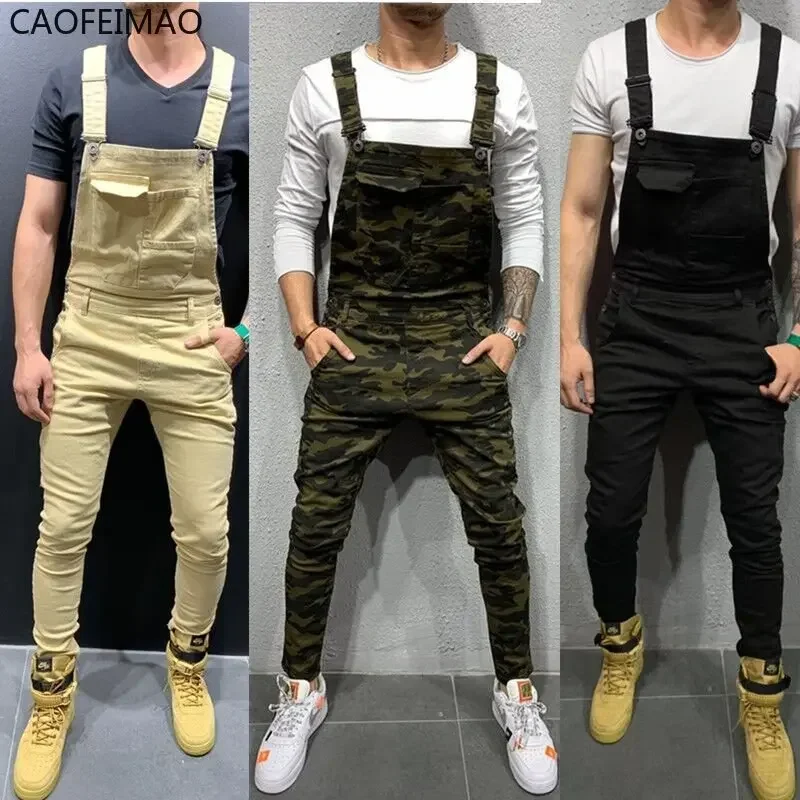 

Новые джинсы с карманами High Street, мужские модные облегающие джинсовые комбинезоны, модные комбинезоны на бретелях, повседневные потертые брюки на подтяжках