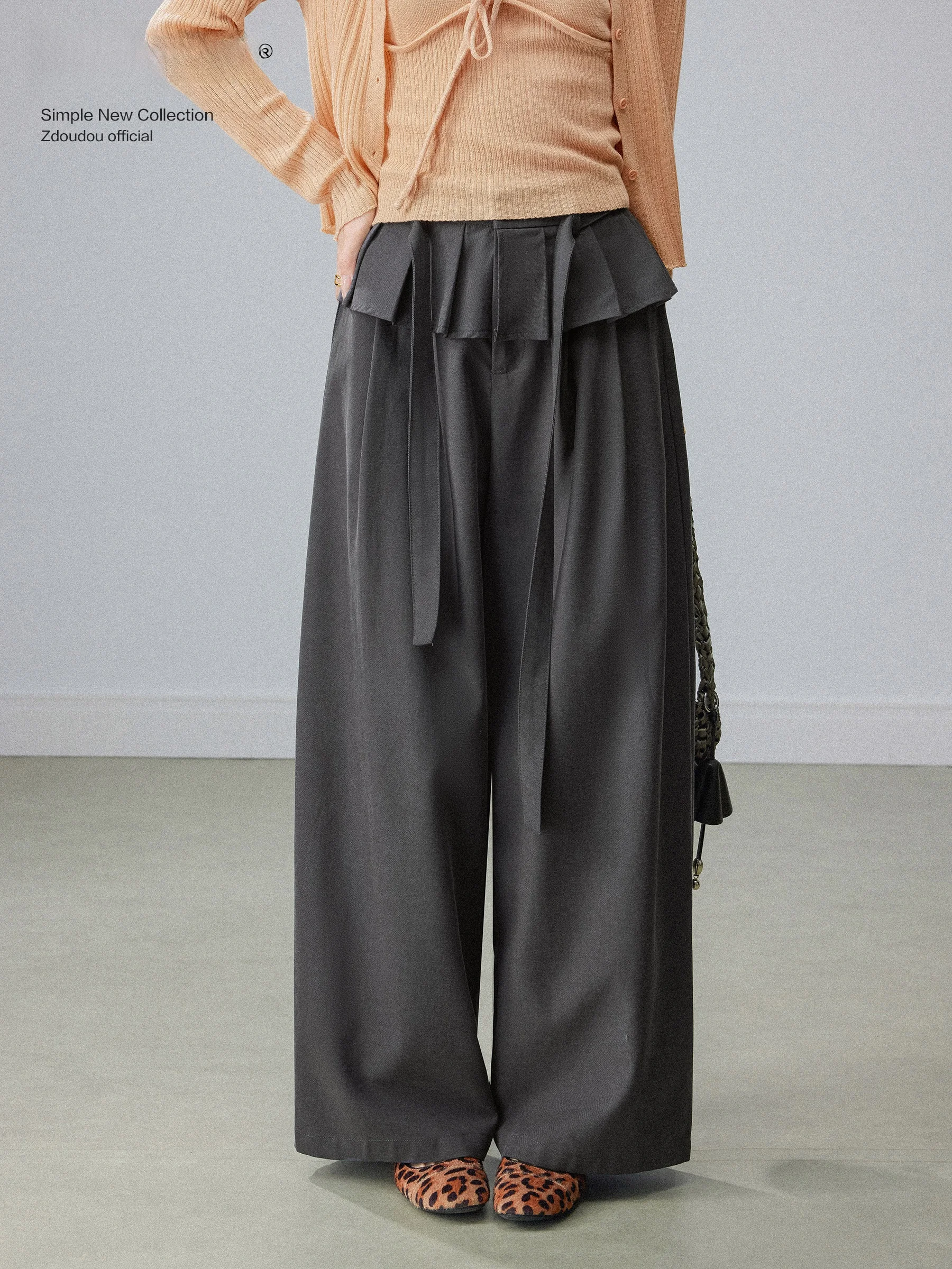 

Женские повседневные брюки с широкими штанинами и оборками, темно-серые, с эффектом двухслойности, на молнии, с высокой талией, новинка весны 2026, популярный стиль