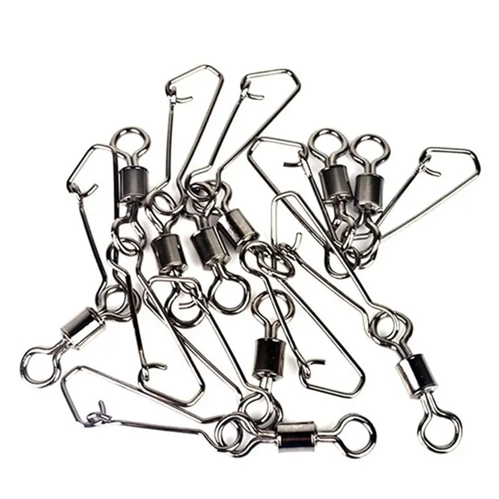 50pcs/lot Stainless Steel Fishing Bearing MS+QL Swivels Interlock Rolling Swivel with Hooked Snap Fishing Hook Connector Tackle