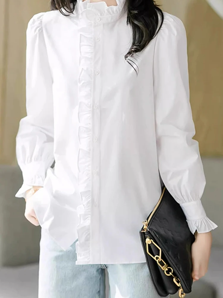 Simple Ele Stand Collar Lace Trim irt Poised Businlike Commute Autumn Spring Faionable Versatile Women's Top