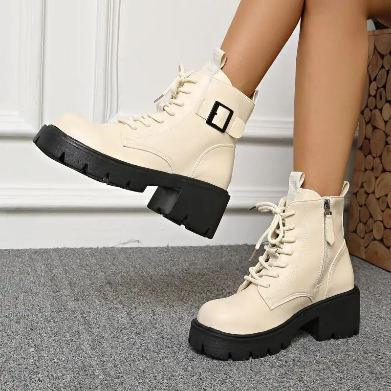 Vintage Upper Lace Up Metal Decor Ankle Boots Women Warm Fleeced Lined Western Boots 2026 Winter Lady Plus Size 43 Short Booties