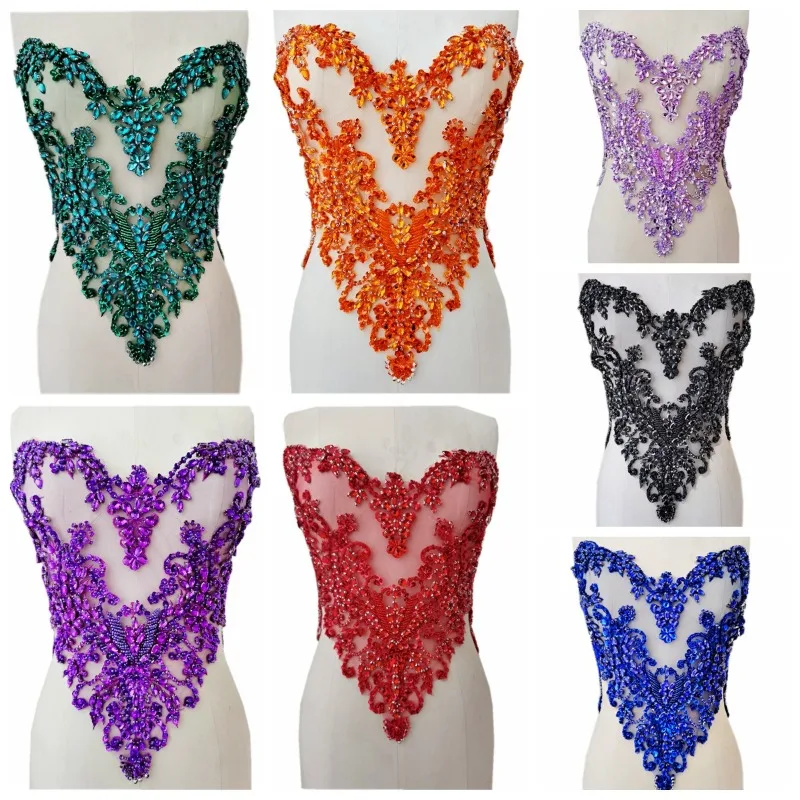 Glass Crystals Rhinestones Beaded Sewing Costumes Wedding Dress Appliques Patches Front Body Decorations Sew on Lace Prom Crafts