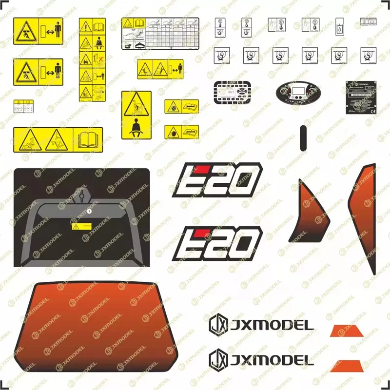 JX-E20-TZ 1/14 Model Mini Excavator Pressure-Sensitive Sticker JXmodel Mountain Cat Logo Water Transfer Warning Decal