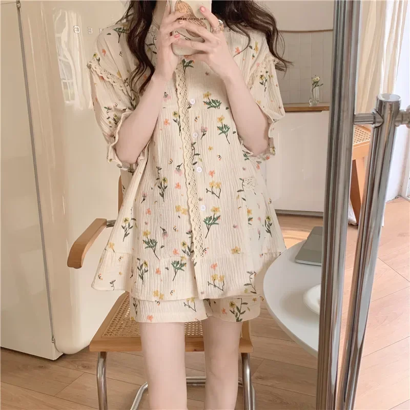 Women's New Floral Print Pajamas Women's Short-sleeved Shorts Floral Lace Cute Women's Loungewear Set