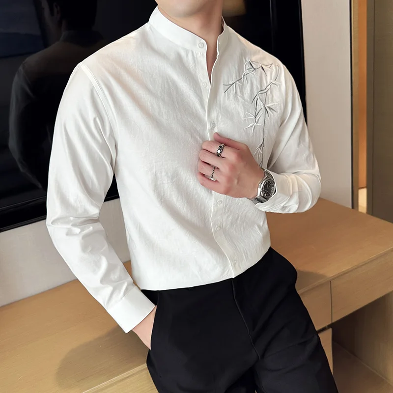 Chinese Style Standing Collar Embroidered Shirt Men\'s Linen Cotton Long Sleeved Shirt Slim Fit Casual Business Dress Shirts 2024
