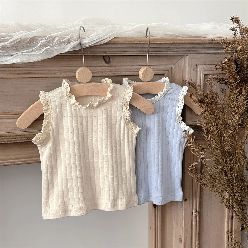 2026 Summer Baby Vest Solid Color Lace Collar Infant Girls Sleeveless T-Shirts Hollow-out Tops Toddler Clothes