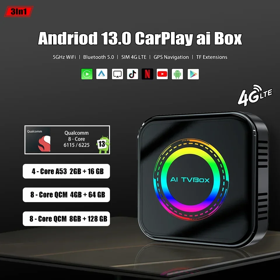 

2025 New Andriod 13.0 Ai Box Wired To Wireless Apple CarPlay & Andriod Auto 3In1 Smart Multimedia Box Built-in Netfilx Youtube