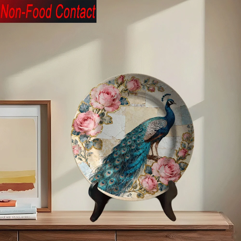 2D 1pc Ceramic Decorative Plate, Peacock and Pink Rose Wreath Pattern, Non-Consumable Pure Decoration, Home Tabletop Art