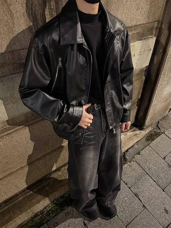

Cleanfit Bla PU Motorcycle Jaet Men's Autumn Winter Double Zipper Design High Street Sle Leather Coat Trendy And Haome