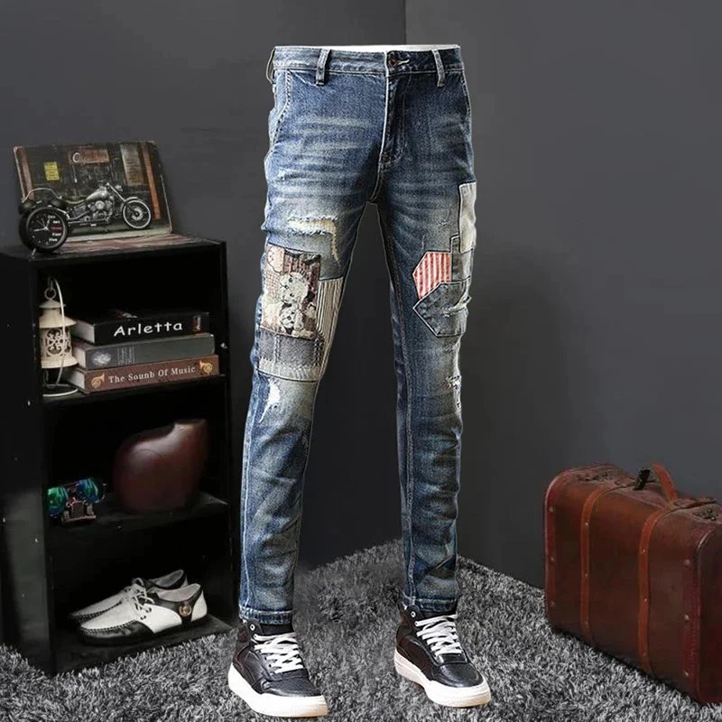 2024 Fall Fashion Washed Elastic Men Jeans Blue Patchwork Ripped Skinny Denim Hip Hop Stretch Pants