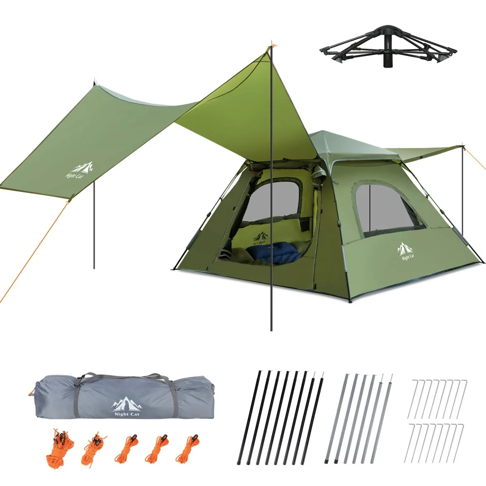 Night Cat 3-Person Camping Tent: Waterproof Instant Cabin Tent with Canopy Tarp for Family, 2-in-1 Canopy Tent with Porch Easy Setup