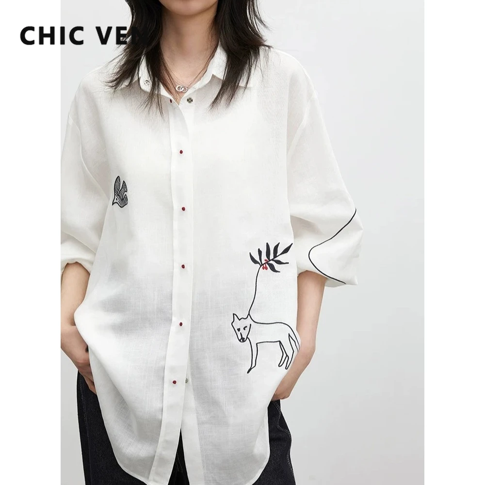 CHIC VEN Fashion Women Shirt White Single-breasted Loose Casual Long Sleeve Pony Embroidered Female Blouses Spring Summer 2026