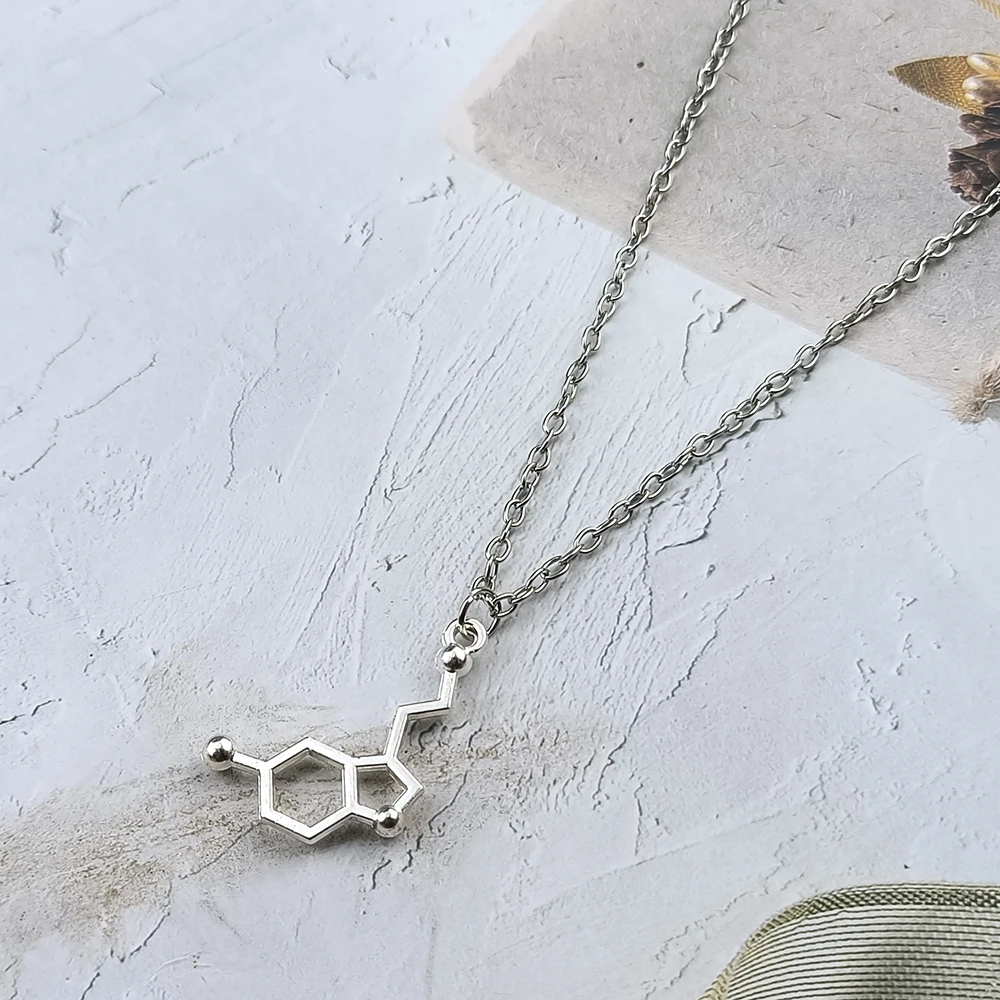 Minimalist Silver DNA Stainless Steel Chain Serotonin Molecule Science Chemistry Molecule Necklace Couple Girlfriend Gift