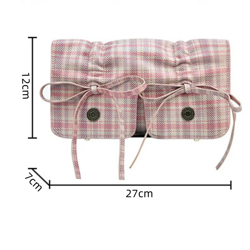 Pink Bow Ruched Armpit Bag Fashion Plaid Pleated Womens Shoulder Bag New Casual Sweet Literary Exquisite Messenger Armpit Bag