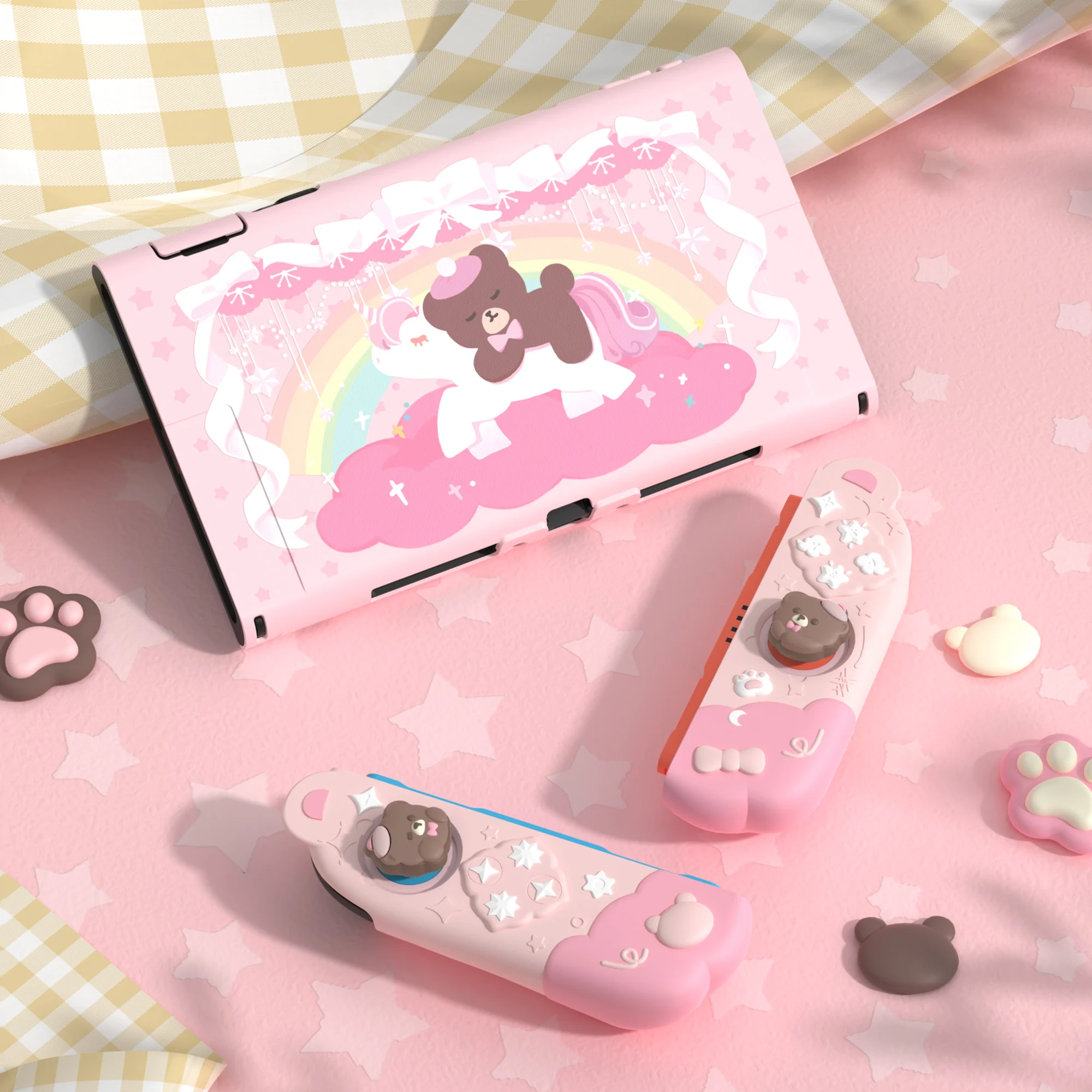 PlayVital ドッキング可能な Switch 2 用保護ケース – Good Night Bear シリコン カバー、取り外し可能な Joycon グリップとかわいい親指キャップ付き