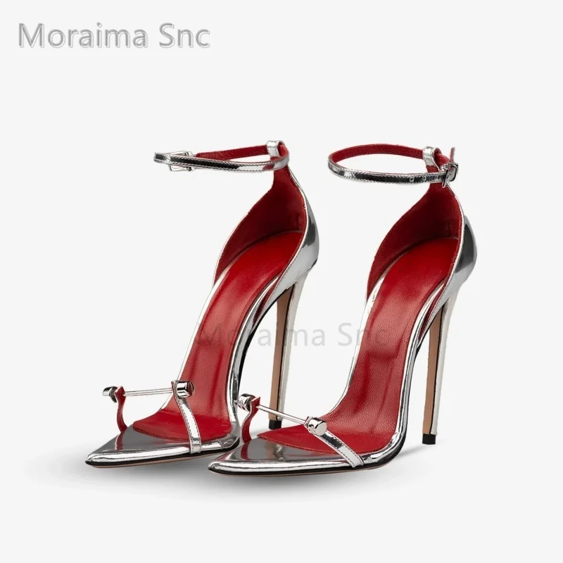 Women's Pin-Buckle Cover Heel Sandals Silver Black Patent Leather High Heels Ankle Strap Novelty Fashion Party Summer Shoes