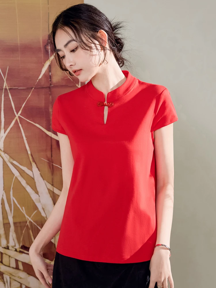 New Women Chinese Style T-shirt Summer Fashion Cheongsam Stand Collar Short Sleeve Loose Tees Tops Elegant Red Cotton T-shirt