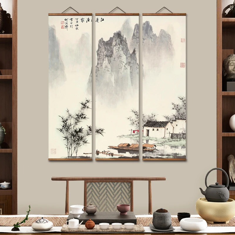 MT4024 Chinese Style riverside fisherman scenery Decorative Wall Art Canvas Posters Solid Wood Scroll Paintings