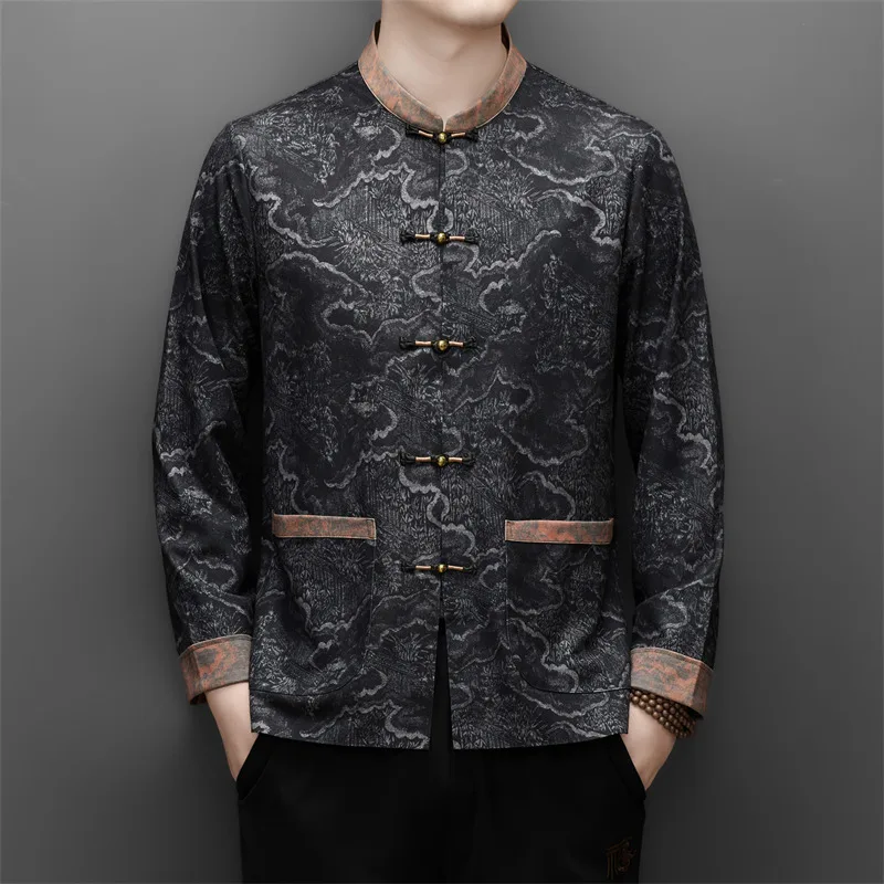 Silky Smooth Frog Button Shirts For Men Long Sleeve Casual Print Autumn Quality Seamless Tang Costume Softness Camisas De Hombre