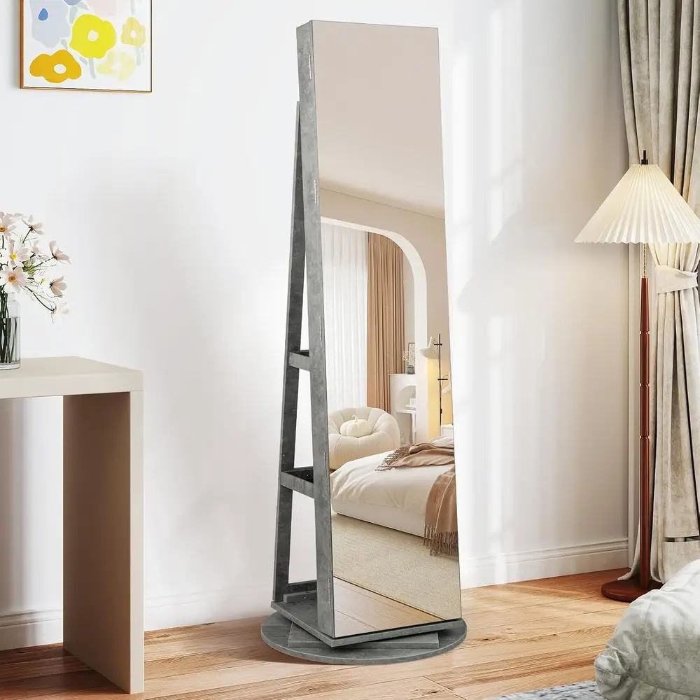 Stone Gray Lockable Jewelry Armoire with Full Length Mirror, Swivel Design, Interior Vanity Mirror, 3-Color Lights, and Rear Sto