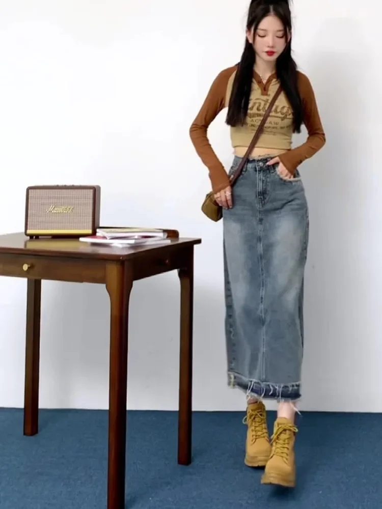 8 サイズミディスカート女性ディストレスデニムヨーロッパベーシックソリッドスリットデザイン秋 Y2k ストリートウェアシックファルダスムジェデイリーニュー