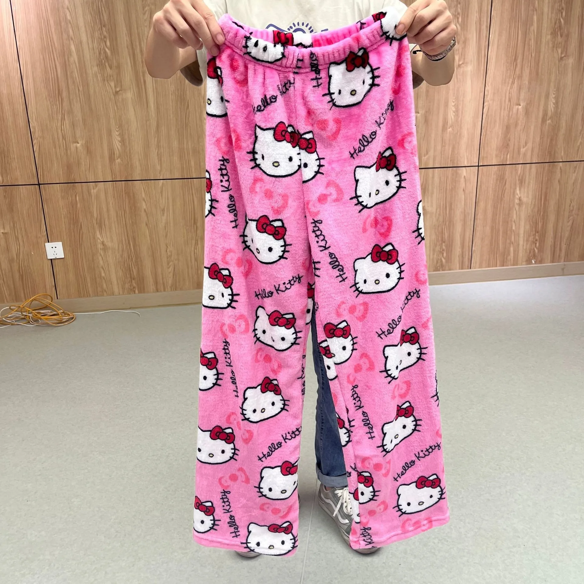 Pantalones de pijama sueltos de algodón de Hello Kitty para mujer, pantalones de franela, pantalones de dormir de dibujos animados, ropa de salón para el hogar