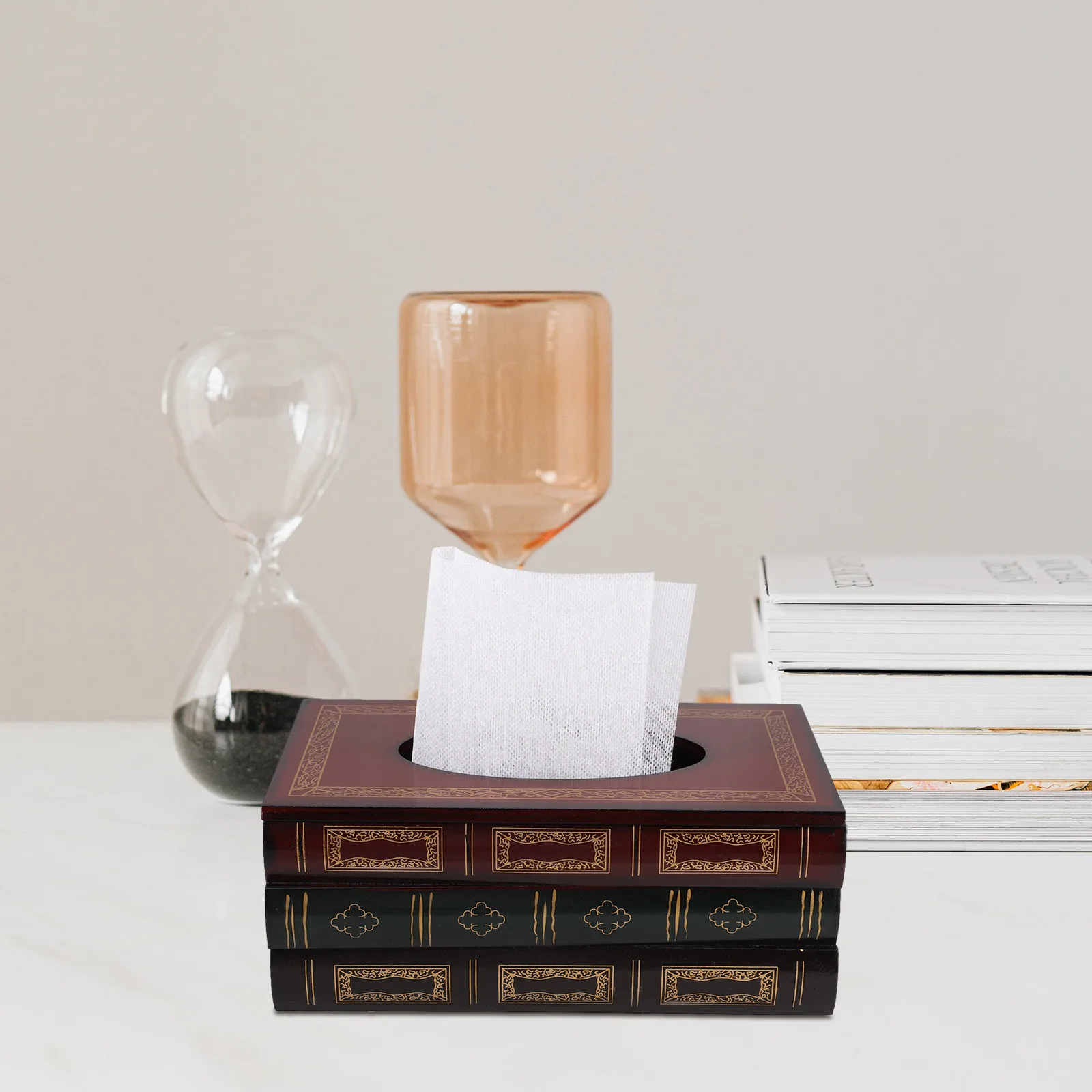 

Book Style Tissue Box Cover Holder Large Capacity Wood Reusable Paper Towel Storage Dispenser for Home Bedroom Office