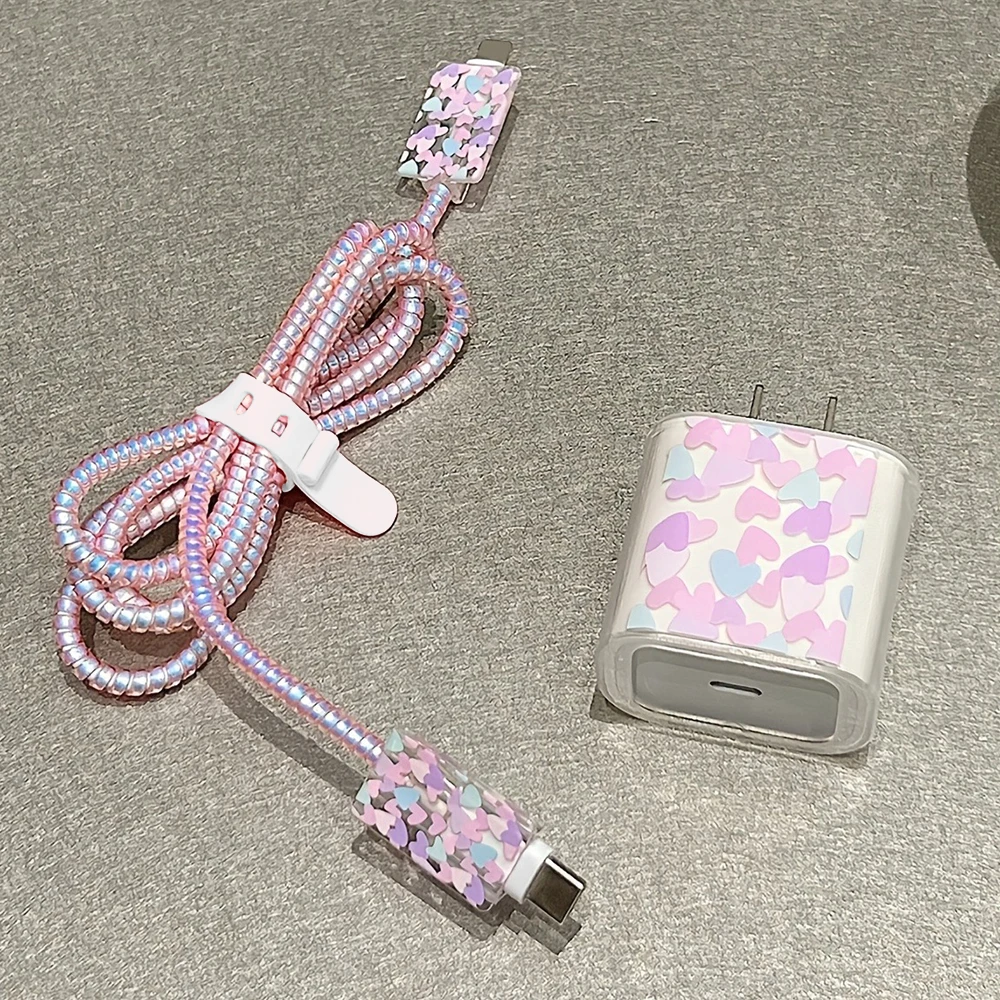 Colorful Heart Transparent Case For iPhone Charger Protective is Applicable For Samsung Type-C Data Head Bite Protector Shell
