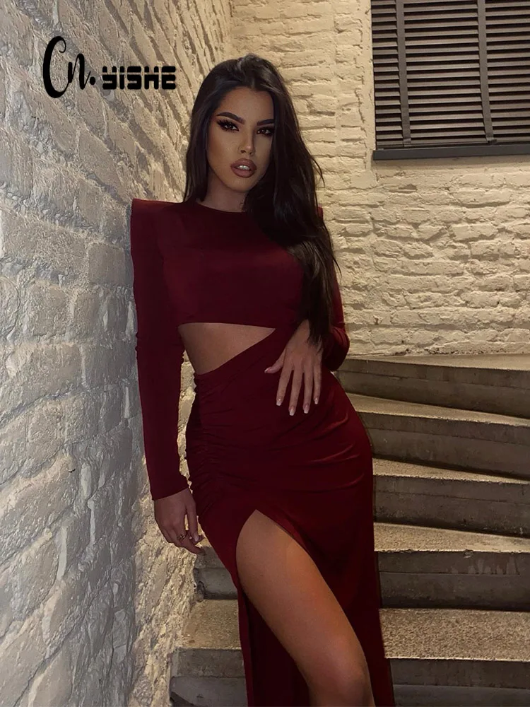 CNYISHE Split Cut Out Solid Elegant Bodycon Women Dresses O Neck Long Sleeve Sheath Outfits Sexy Club Fashion Female Vestidos