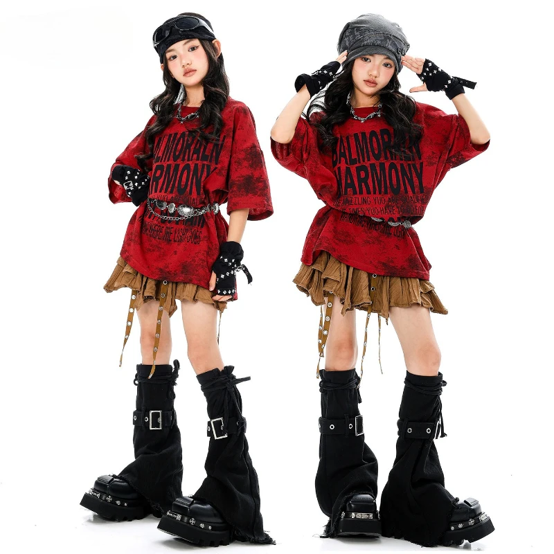 Vêtements de danse de rue Hip Hop pour filles, t-shirt rouge à manches courtes, jupe basse, Costume de spectacle de danse moderne, vêtements de scène de Jazz de groupe