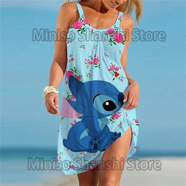 

New Summer Women's Beach Disney Stitch Women's Dress Hanging Strap Print Fashion Sexy Casual Plus Size beach outfits for women