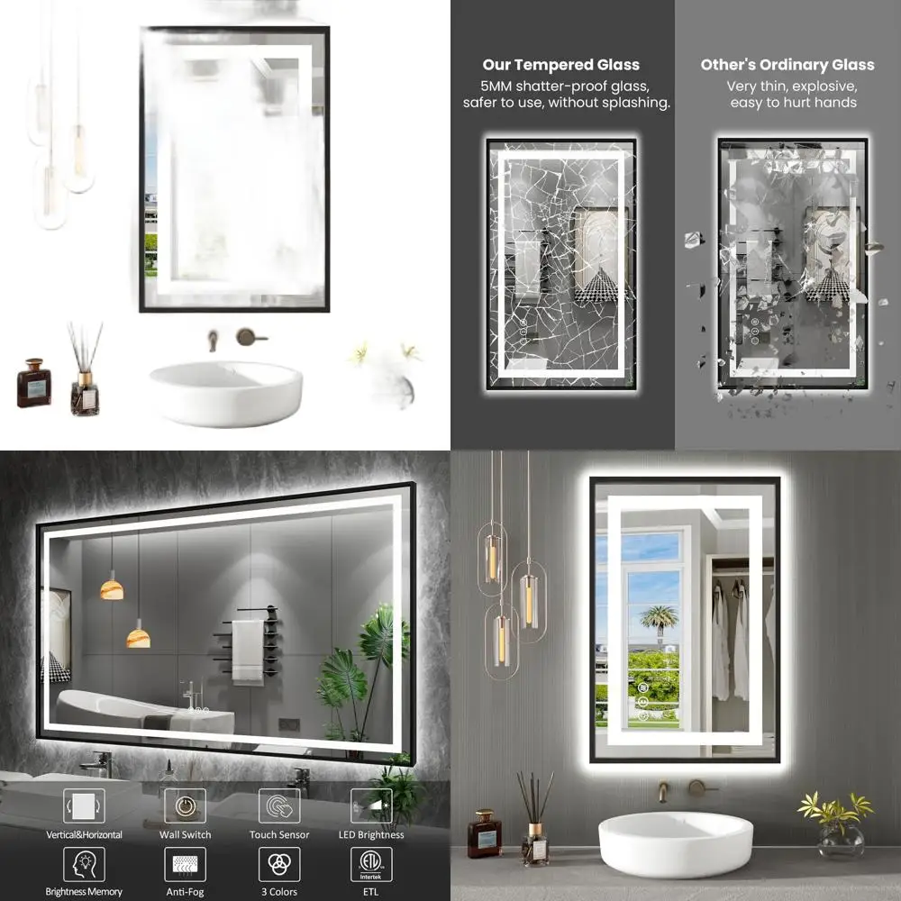

Светодиодное зеркало 24x36 дюймов с черной рамкой, передним и задним освещением, регулируемой яркостью, противотуманное, небьющееся, функция памяти, 3 цвета