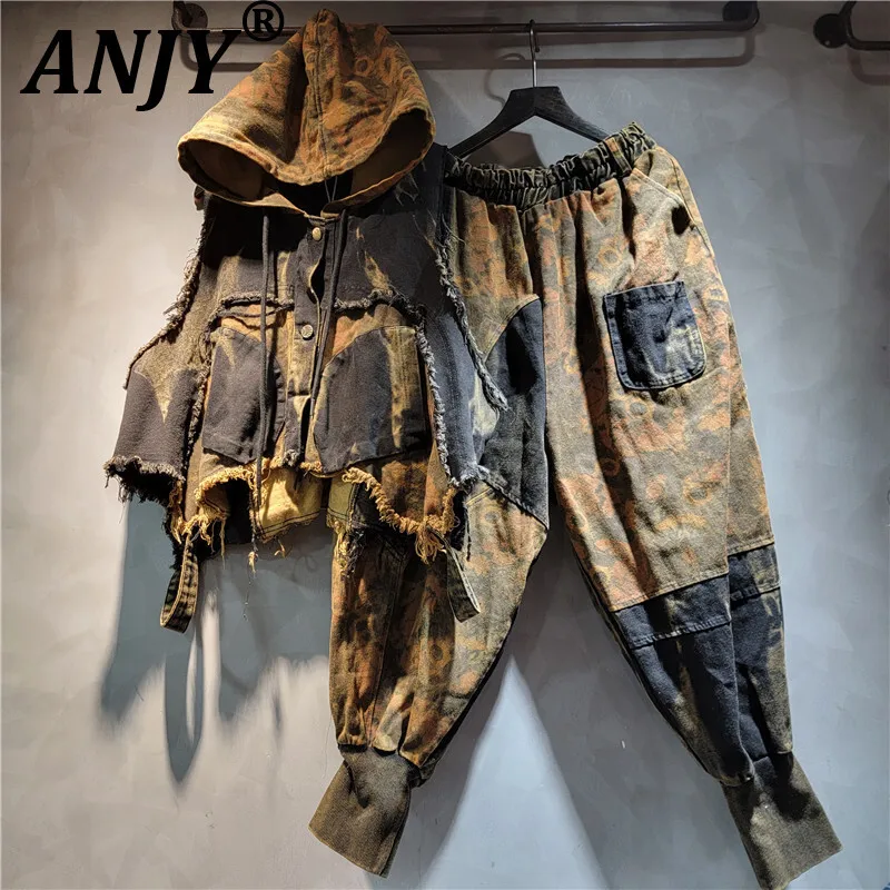 

ANJY, осенний новый женский уникальный модный винтажный лоскутный джинсовый жилет с капюшоном, индивидуальные джинсы-шаровары в стиле хип-хоп, комплект из 2 предметов A15401