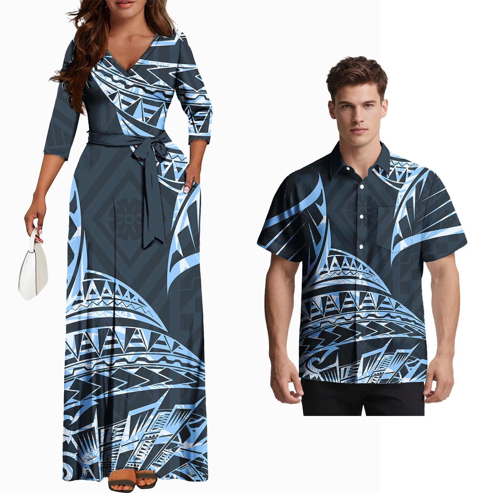 

Tribal Design Lover's Clothes Lace-up Long Sleeve Women Samoan Dress Men Polynesian Shirt Hawaii Island Party Holiday Couple Set